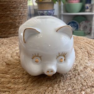 Vintage White Gold Porcelain Piggy Bank
